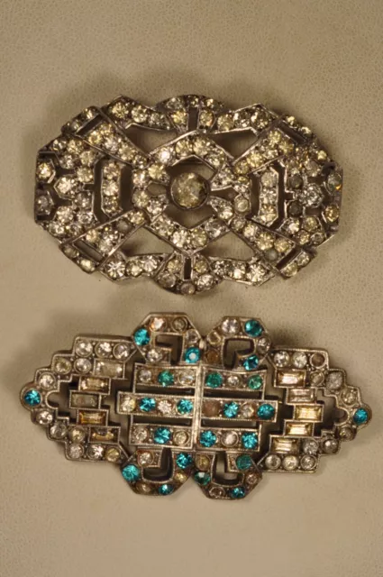 2 Broches Ancien Art Deco Argent Antique Silver Brooch Rhinestone