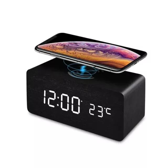 Modern Wooden Wood Digital LED Desk Alarm Clock Wireless Charger for iPhone