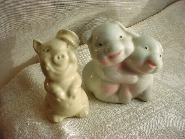 Vintage Pig Figurines Hugging Wears Hat 2 Piece Lot