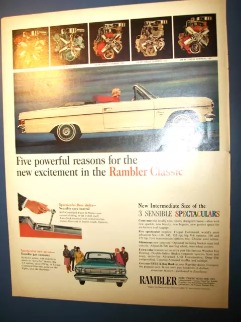 1965 AMC Rambler Classic convertible large mag car ad w/ engine pics