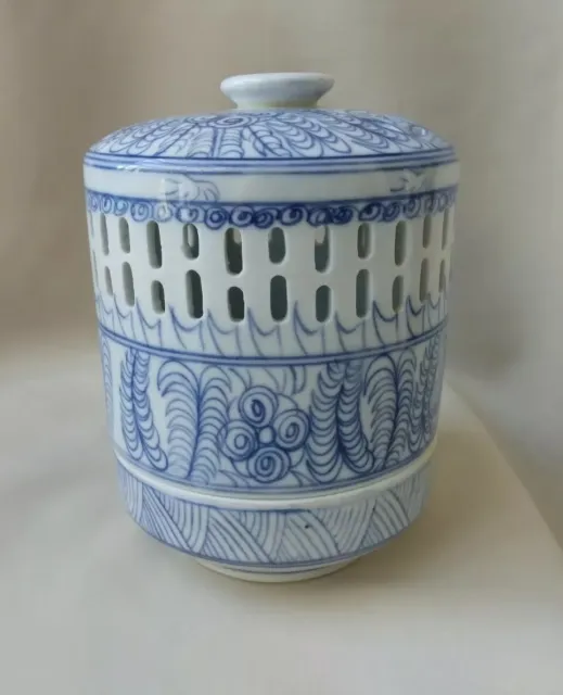 Asian Lantern Blue White Ceramic Reticulated  2 A Covered Candle Incense Holder
