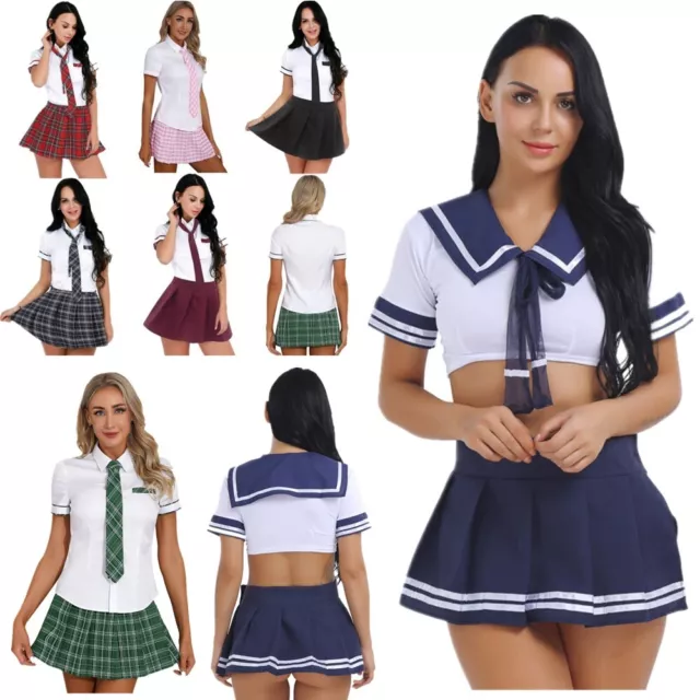 Women School Girl Cosplay Costume Student Uniform Fancy Dress Outfit Plaid Skirt