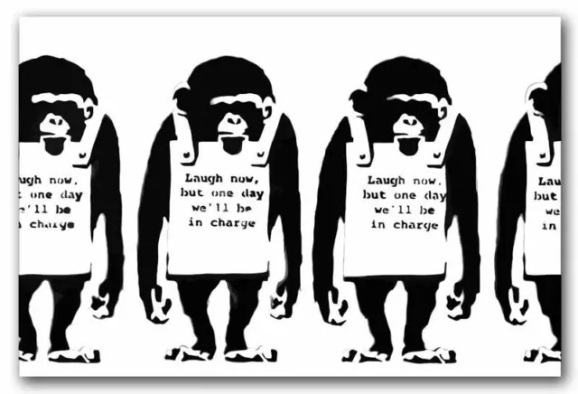 BANKSY - MONKEYS Laugh Now - Canvas Art Print Graffiti Street Poster BW - 12x8"