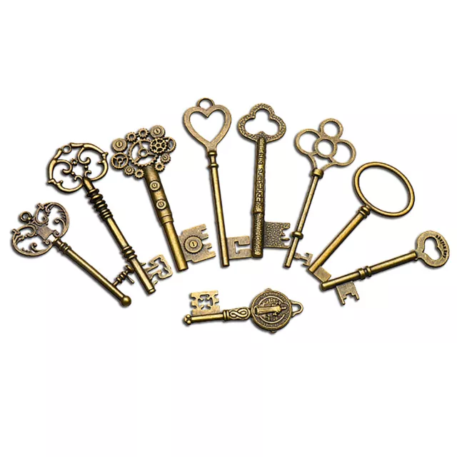 9x BIG Large Antique Vintage old Brass Skeleton Keys Lot Cabinet Barrel Lock