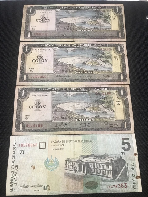 4 Salvadoran banknotes 3de1con1977-1979-1980-5colones1998