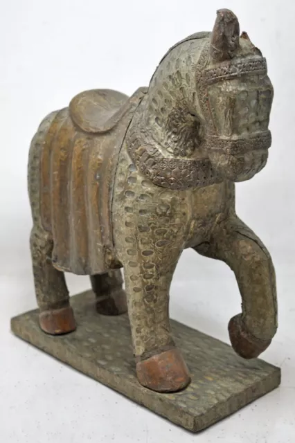 Antique Wooden Brass Horse Statue Figurine Original Old Very Fine Hand Carved