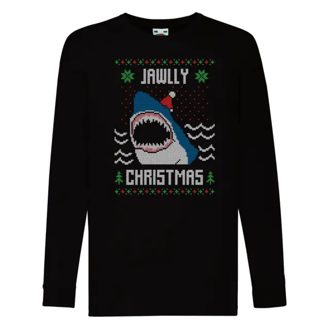 Jawlly Christmas Funny Shark Kids Long Sleeve Xmas Childrens Tshirt 11-15 years