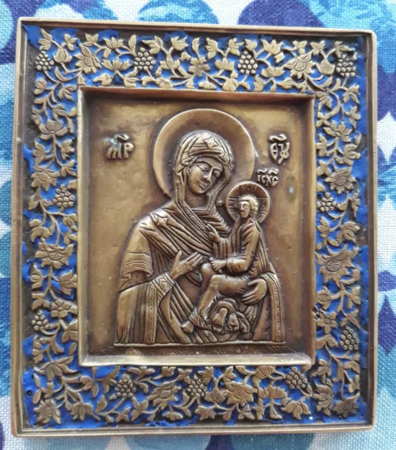 Russian Orthodox Bronze icon of Mother of God Tikhvinskaya, Enameled, 339 grams