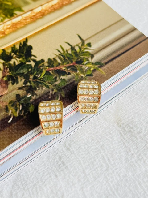 Christian Dior Vintage 1980s Half Hoop Crystals Timeless Clip On, Earrings Gold