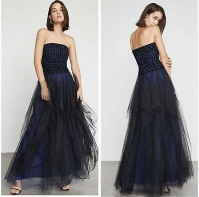 BCBGMAXAZRIA Strapless Embroidered Lace Evening Gown Tulle Navy and black  Sz 8
