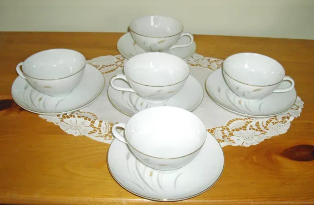 Vintage Fine China of Japan GOLDEN WHEAT Teacups + Saucers ~ Set of 5 ~