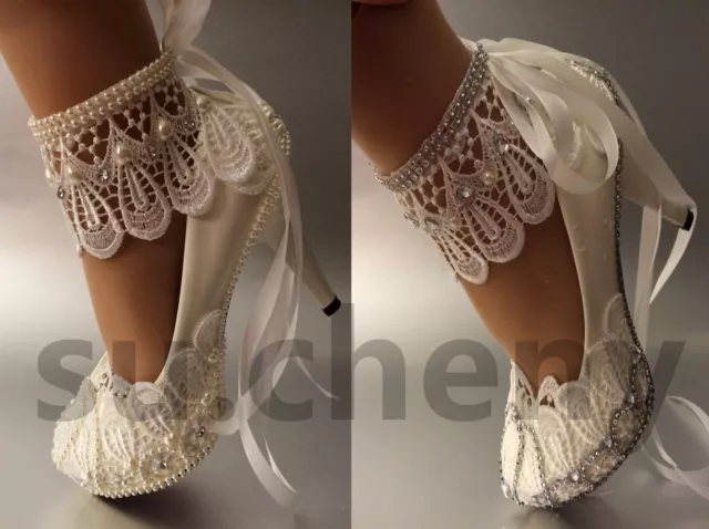 su.cheny 3" 4 " white ivory lace ribbon pearls Wedding bridal shoes size 5-11