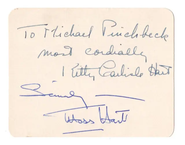 Moss Hart & Kitty Carlisle Hart Signed Card 1958 /Autographed Director & Actress