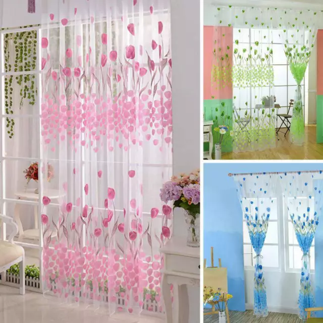 Door Window Floral Tulips Pattern Curtains Voile Sheer- Curtains Panel Curtain