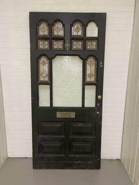 Reclaimed Victorian Edwardian Wooden Panel Stained Glass Front Door 2130 x 975mm
