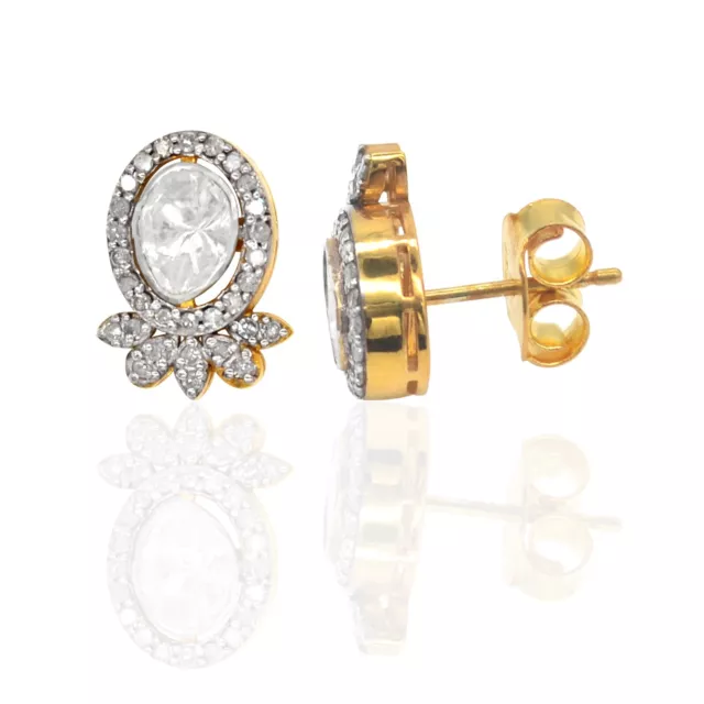 925 Sterling Silver 18k Gold Plated Natural Diamond Polki Womens Stud Tops Pair