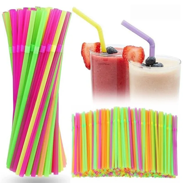 100 x Reusable Straws Flexible Bendy Drinking Straw Neon Coloured Birthday Party