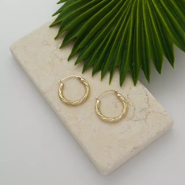 10K Gold Slash Twist Diamond Cut French Lock Hoop Earrings