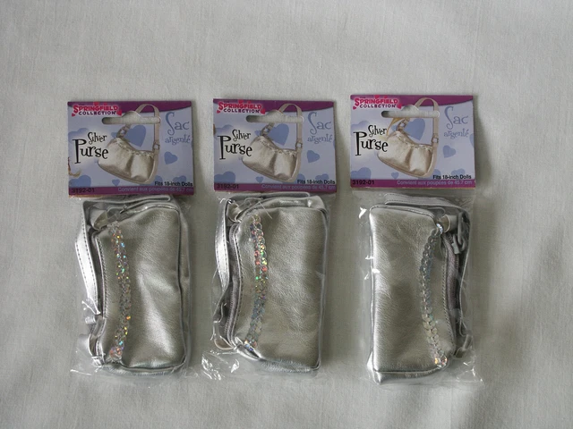 3 Doll Purses Fibre Craft Springfield Collection Silver w/ Strap 18" Dolls New