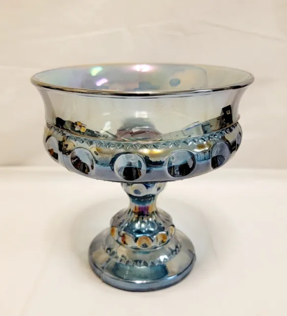 Vintage Indiana Carnival Glass Kings Crown Blue Iridescent Thumbprint Compote