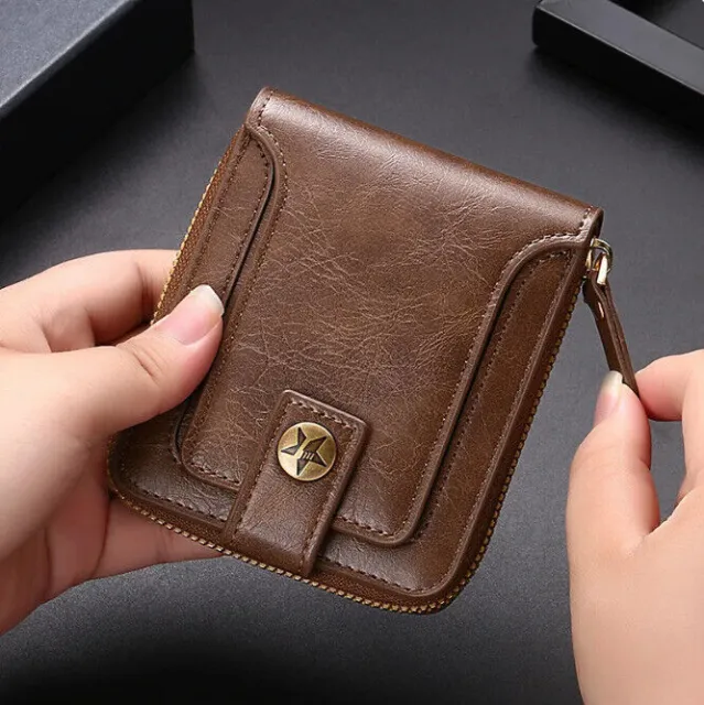 Mens Wallet Genuine Leather Credit Card Holder RFID Blocking Zipper slim coin