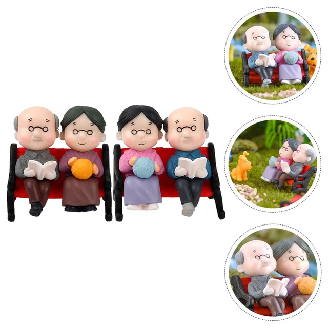 2 SETS Statue de grand-mère Grand-père avec des ornements de banc ornement de vo