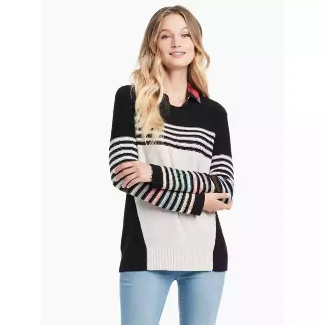 NIC+ZOE Women's Black Multi Inner Stripe Pullover Cable Knit Sweater Size Medium 2