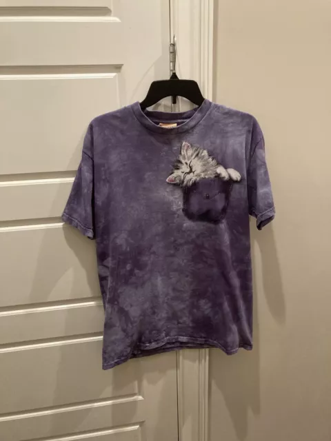 Vintage The Mountain T-Shirt Mens Small Purple Tie Dye Cat Sleeping In Pocket