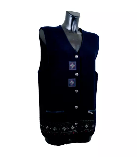 MAT Gilet Donna Tirolese 100% Pura Lana Loden Tirolese Ricamato Intarsi Pelle L