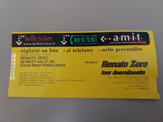 Ticket Vintage Concerto Renato ZERO