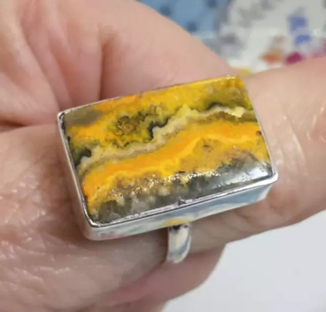 Vintage Large Bumble Bee Jasper 925 Sterling Silver Ring Size O US Size 7