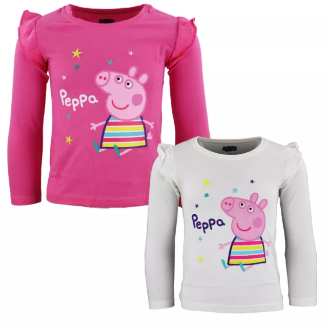 PEPPA Wutz Pig Kinder T-Shirt langarm für Mädchen 92-116 Rosa Gelb Baumwolle