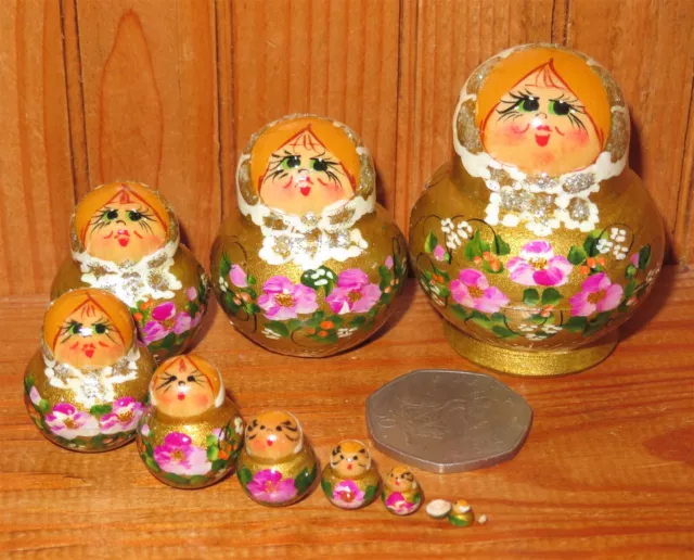 GOLD MINIATURE Matryoshka Nesting dolls 10 Genuine hand painted TINY signed GIFT