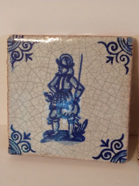 2 ANTIQUE DELFT BLUE WHITE 17th CENTURY DUTCH HOLLAND TILE FIGURAL TILES 1650s ! 3