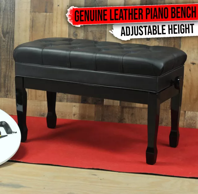 GRIFFIN Genuine Leather Duet Piano Bench Seat | Black Wood Keyboard Guitar Stool