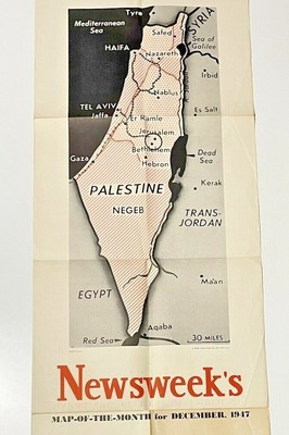 RARE PALESTINE ISRAEL War Map 1947 UN Partition Jewish State Jerusalem