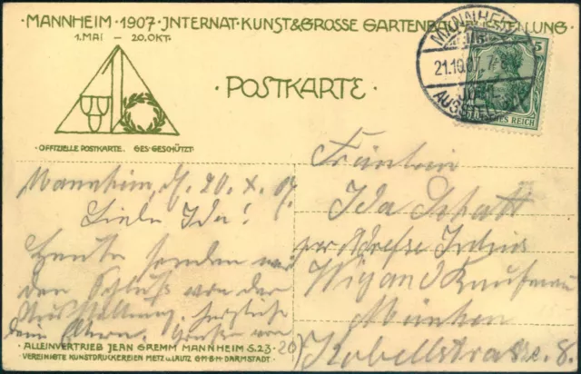 DR; "MANNHEIM JUBIL. AUSSTELLUNG 1907", SST auf entsprechender Ereigniskarte