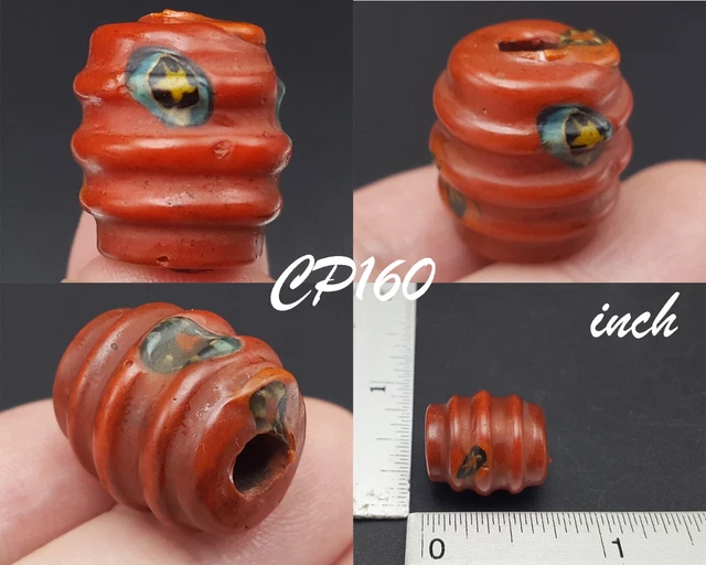Rare Worm Fluted Twisted EYE Islamic Red Glass Barrel Bead #CP160a