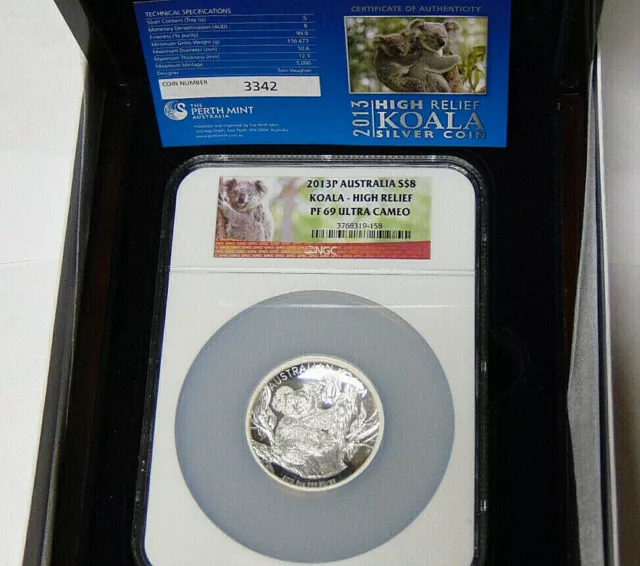 NGC PF69 Ultra Cameo 2013-P Australia $8 Koala High Relief 5 oz .999 Fine Silver NGC PF69 Ultra Cameo 2013-P Australia $8 Koala High Relief 5 oz .999 Fine Silver