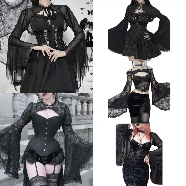 Women Sexy Gothic Long Flare Sleeve Lace Shrug Retro Steampunk Crop Top Cardigan 2