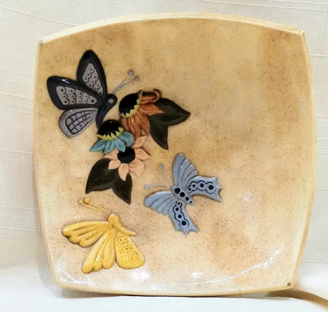 Vintage Square Ceramic Trinket Soap Dish Butterflies Flowers 1974 MCM Prop