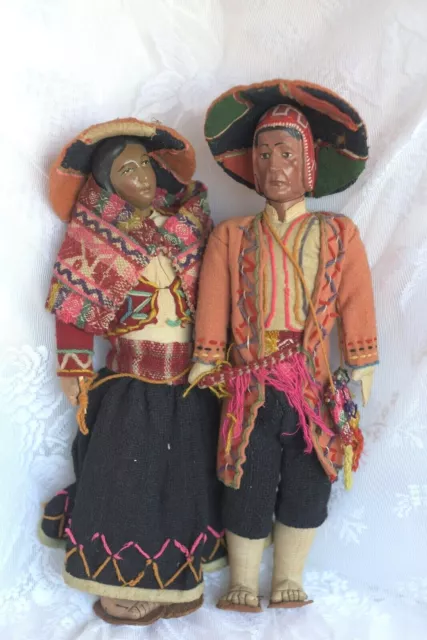 15" Vintage Peruvian Clay & Cloth Handmade Man Woman Ethnic Souvenir Dolls (C)