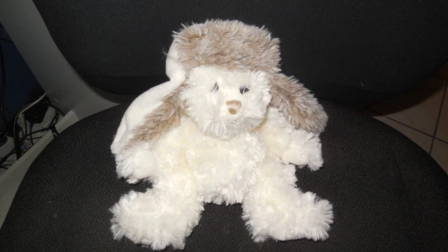 doudou peluche ours long poil beige blanc aviateur chapka BUKOWSKI 24cm