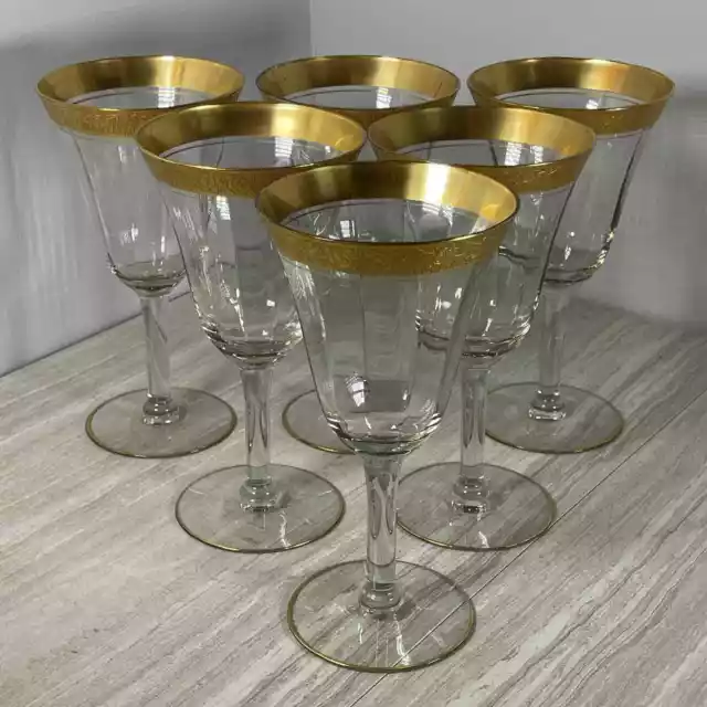 Set of 6 - Vintage Franciscan Crystal Clear Optic Gold Encrusted Wine Glasses