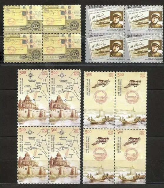 India 2011 Juego / 4 Sello 100 Years Of Correo Aéreo Bloque De 4 .mnh