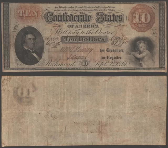 $10 Dollars Richmond 1861 Confederate States of America Note Circulated N585