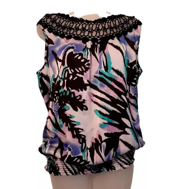 Dressbarn Silky Blouse With Black Crocheted Bodice Sz M Elastic Smocking Hem