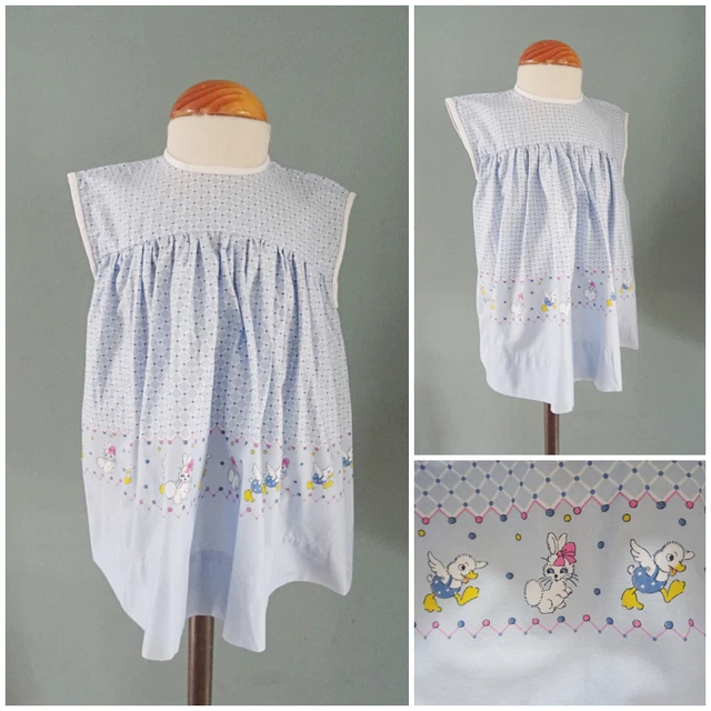 Abito Vintage Neonato Anni '60 Stampato Blu Dilly Wear Ragazze Coniglietti Anatroccoli