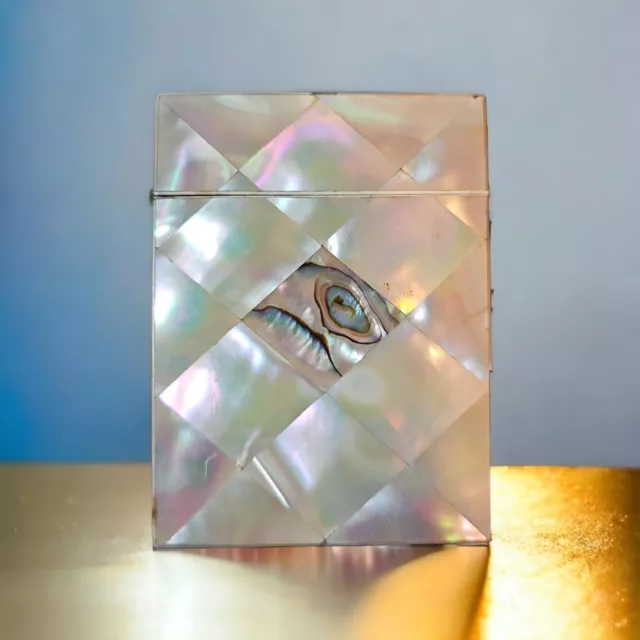 Antique French Mother of Pearl Parquet and Engraved 4" x 3" Calling Card Case