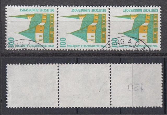 Bund 1406 A RM 3er Streifen mit gerader neuer Nummer SWK 100 Pf gestempelt /1